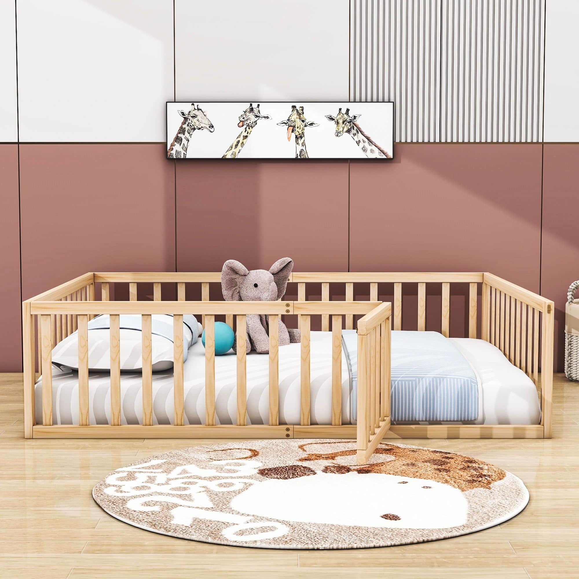 Wooden Queen Size Floor Toddler Bed with Rails and Door