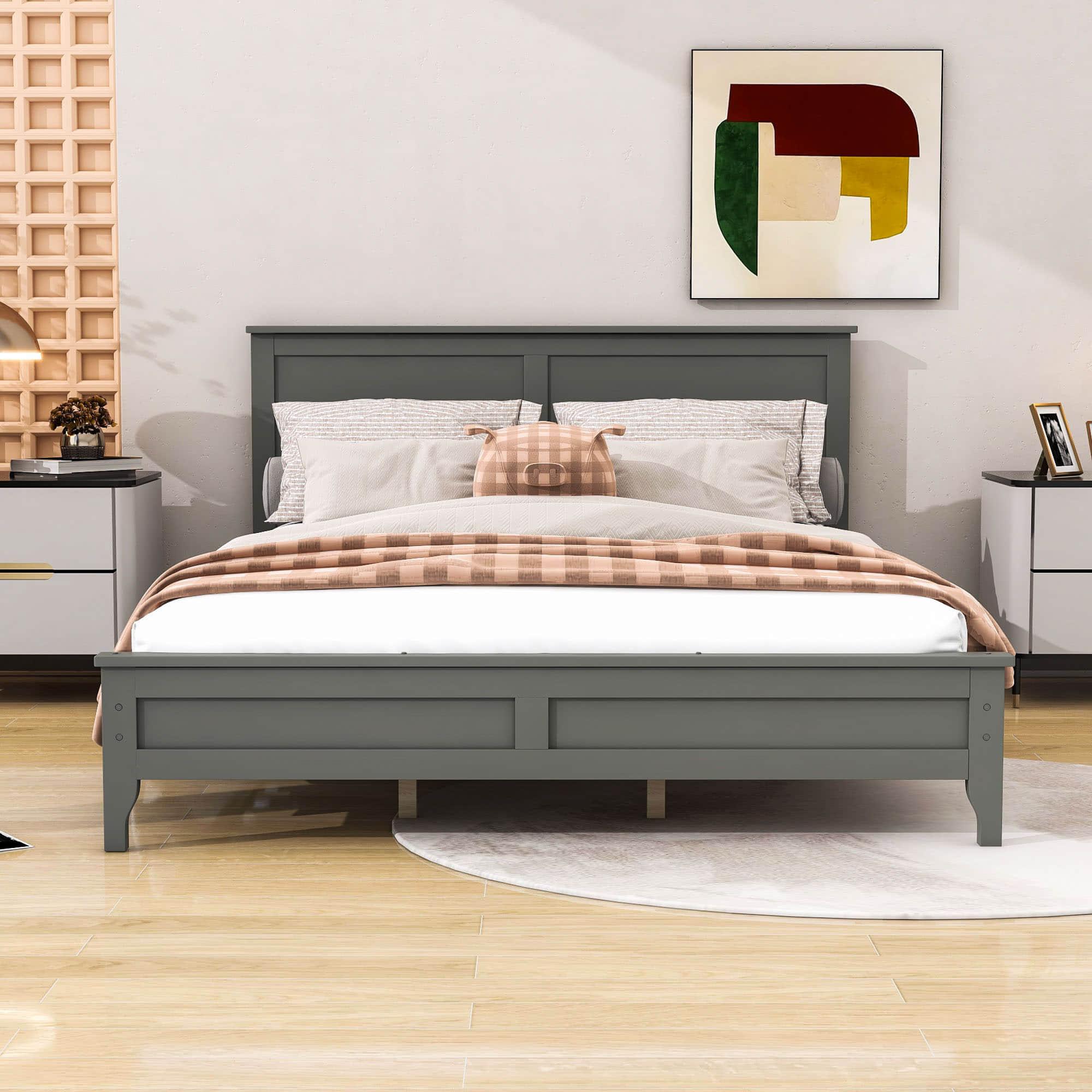 Mid-Century Modern Solid Wood Queen Size Platform Bed with Headboard