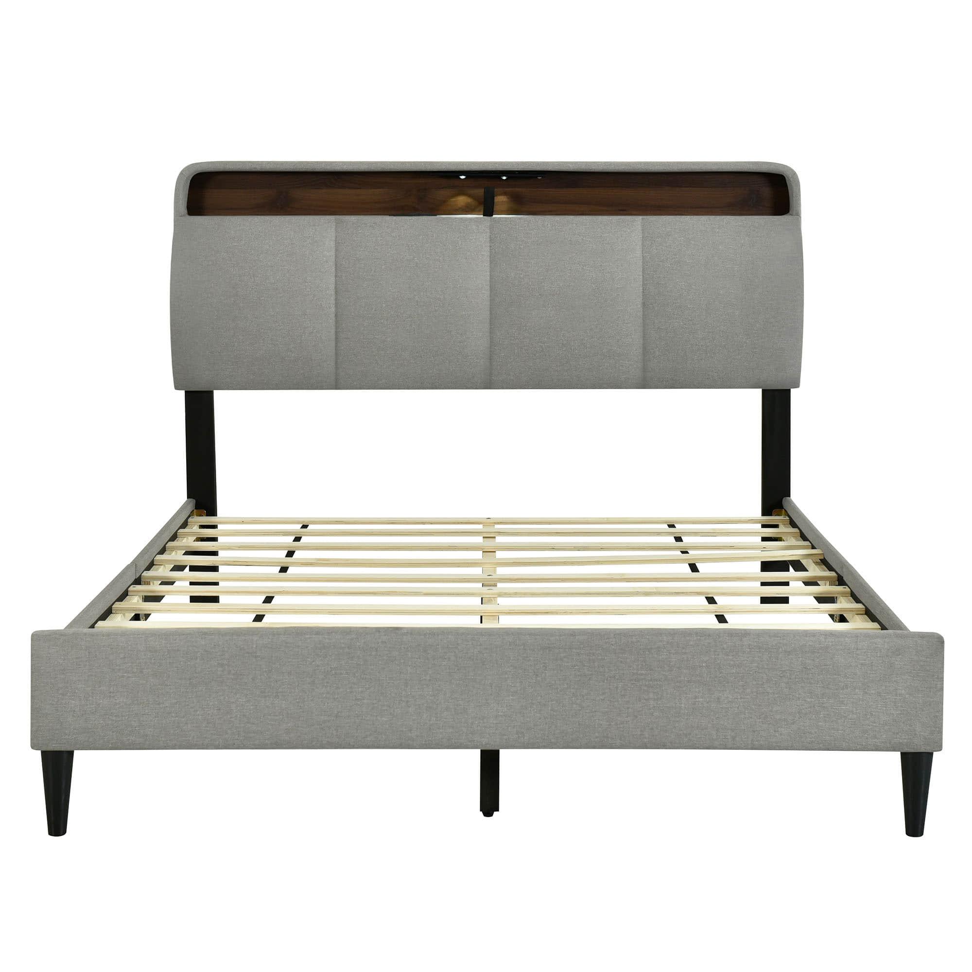 Smart Upholstered Queen Size Platform Bed Frame with Storage Headboard