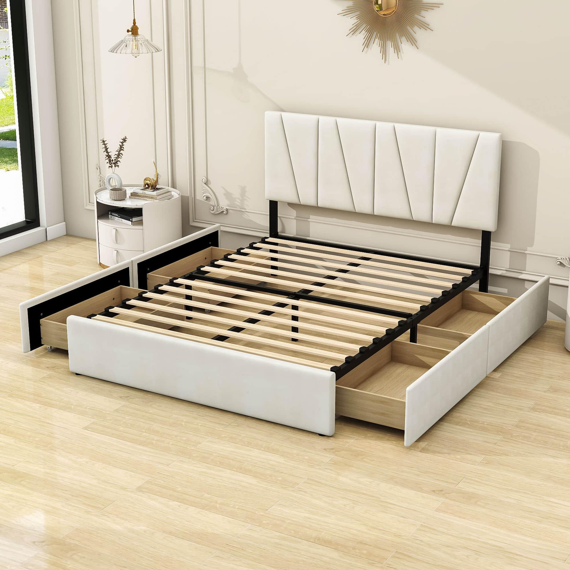 Queen Size Upholstered Platform Bed with Headboard and Storage - [4 Drawers, Velvet]