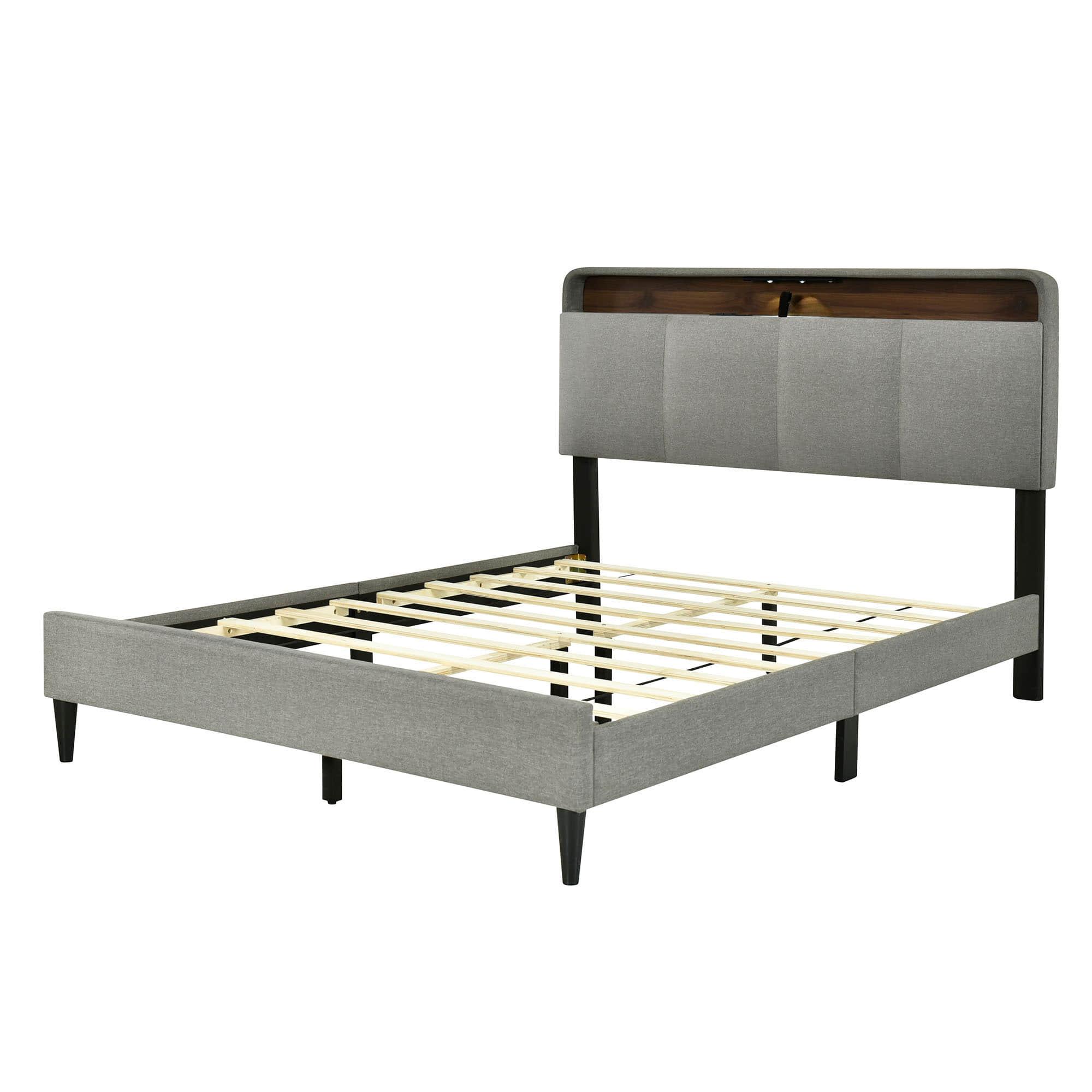 Smart Upholstered Queen Size Platform Bed Frame with Storage Headboard