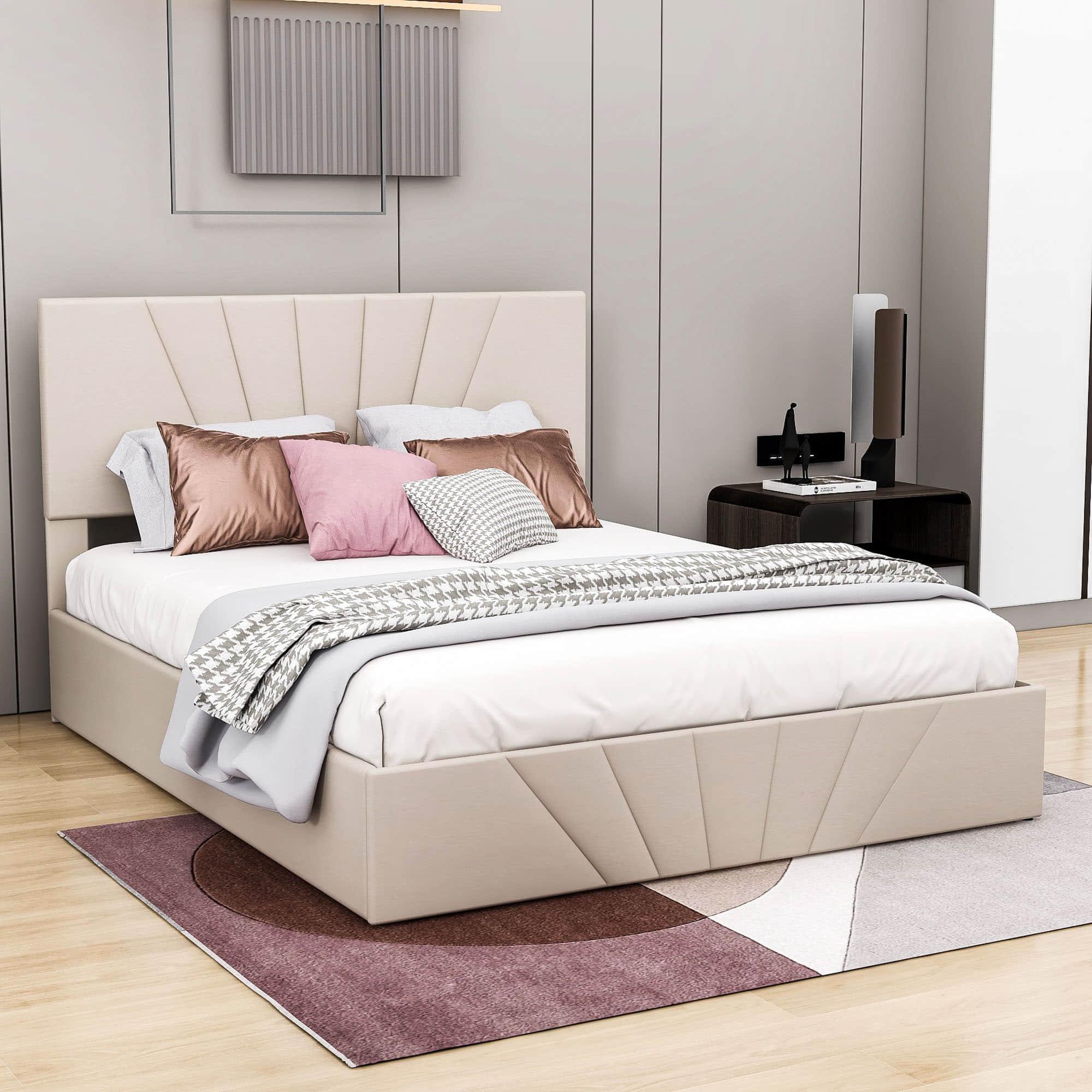 Upholstered Queen Size Platform Bed with Headboard and Hydraulic Storage System