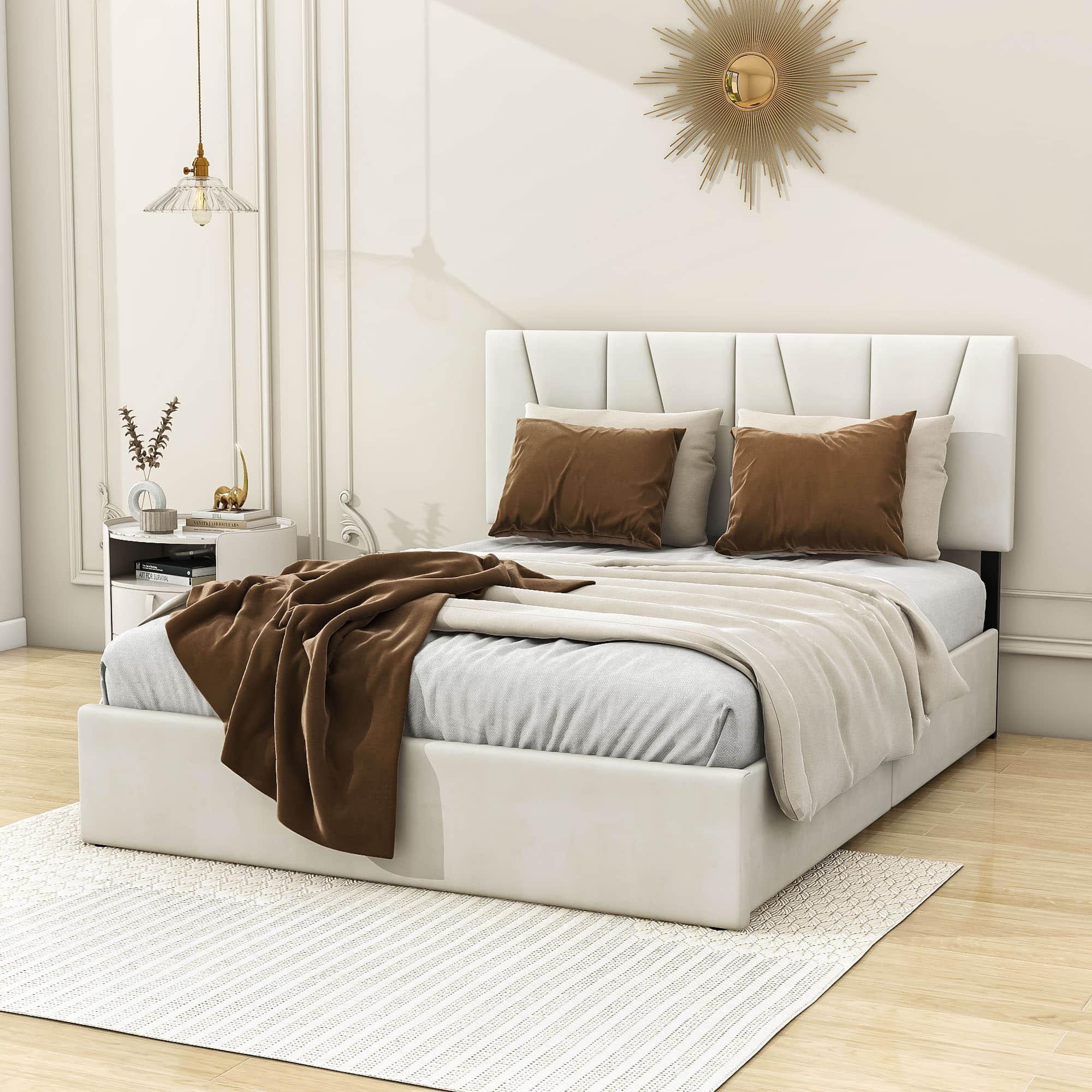 Queen Size Upholstered Platform Bed with Headboard and Storage - [4 Drawers, Velvet]