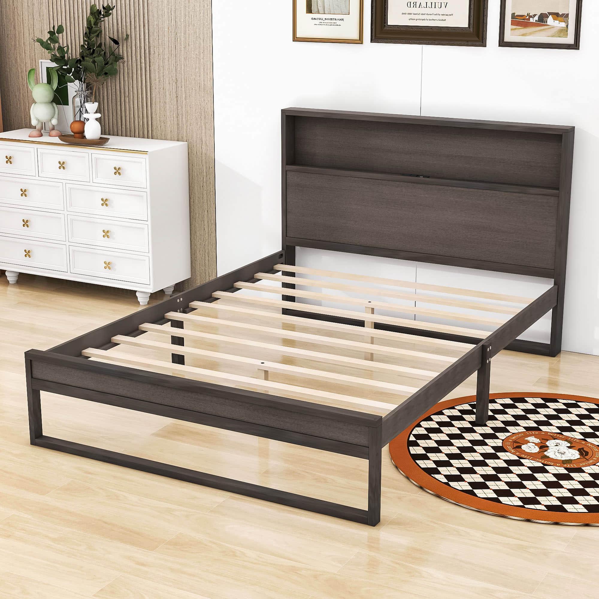 Smart Rustic Farmhouse Queen Size Platform Bed with Storage Headboard - [Sockets, USB Ports]