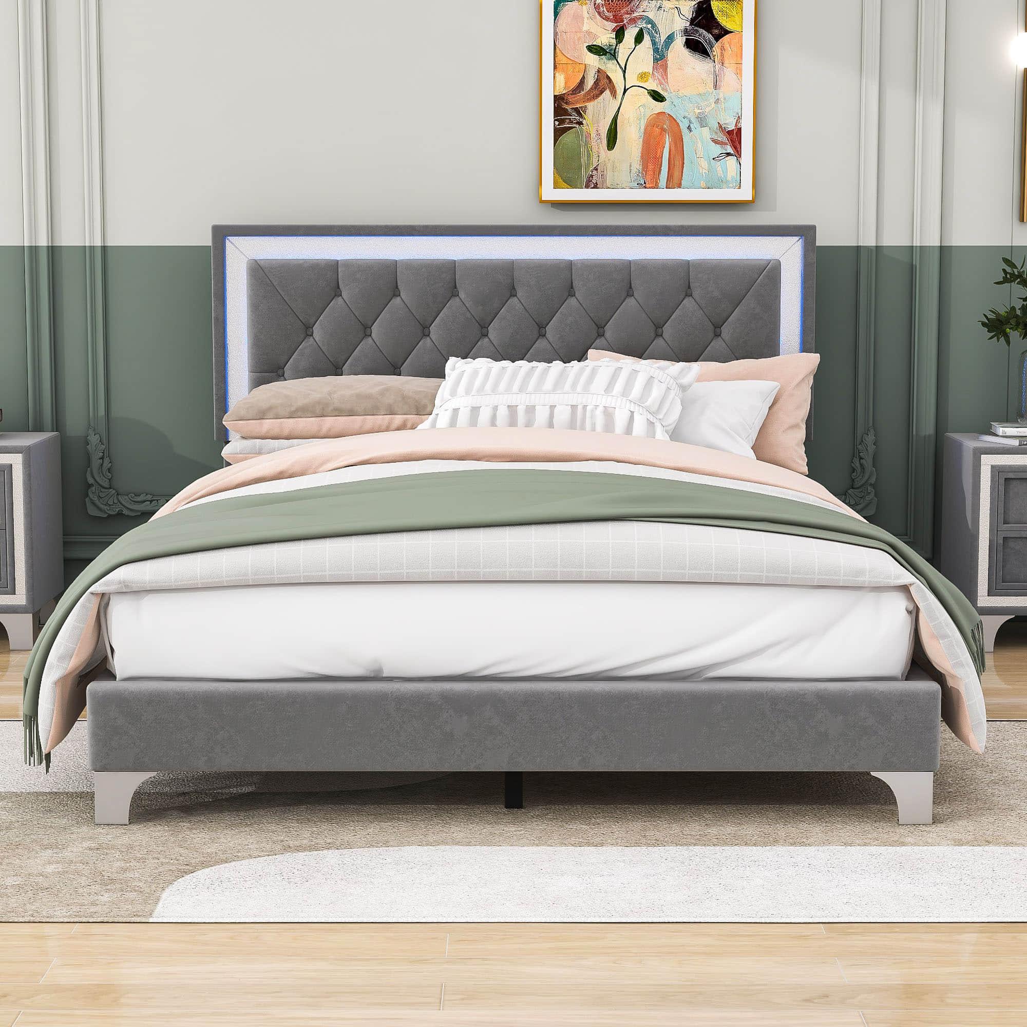 Modern Queen Size Upholstered Bed Frame with LED Lights and Headboard