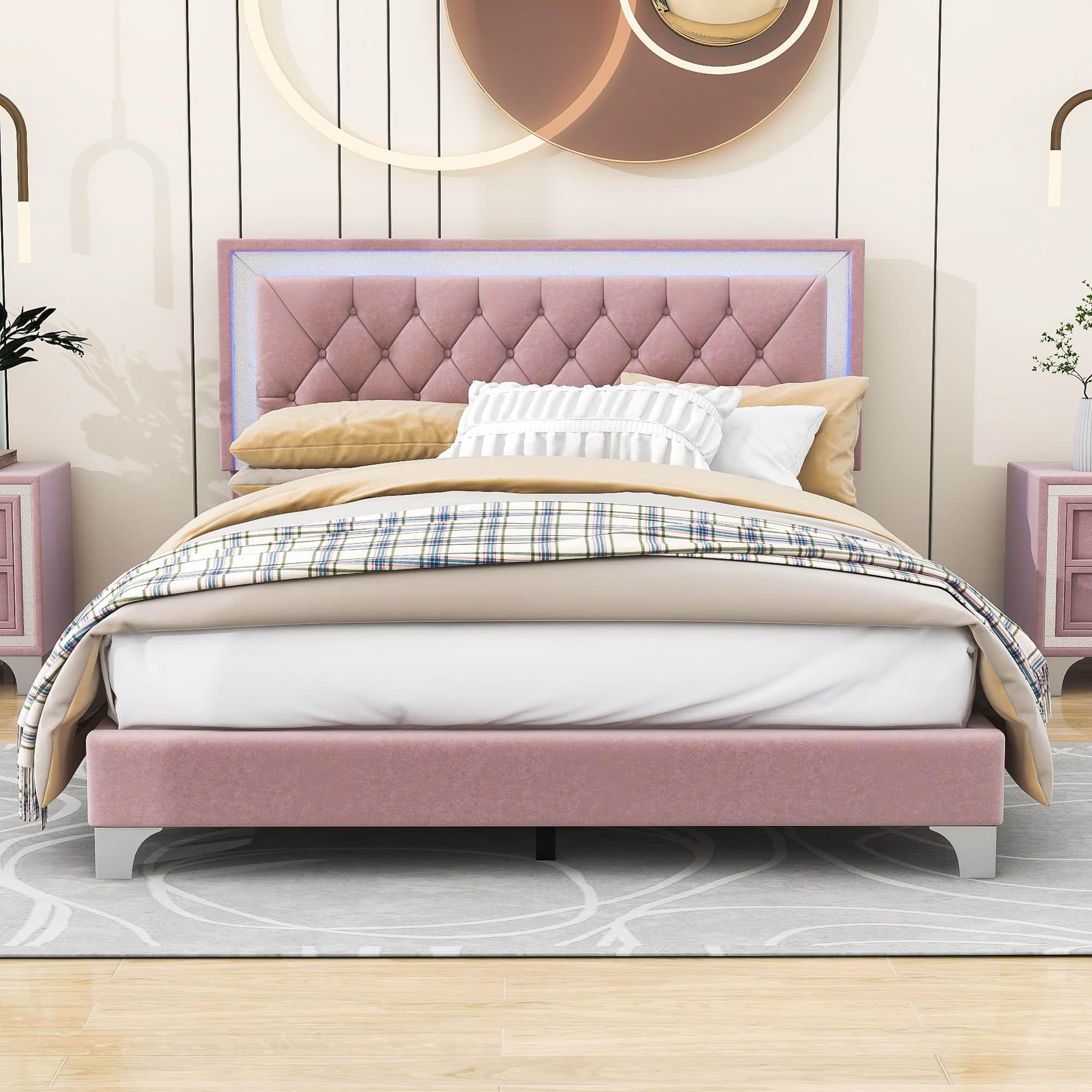 Modern Queen Size Upholstered Bed Frame with LED Lights and Headboard