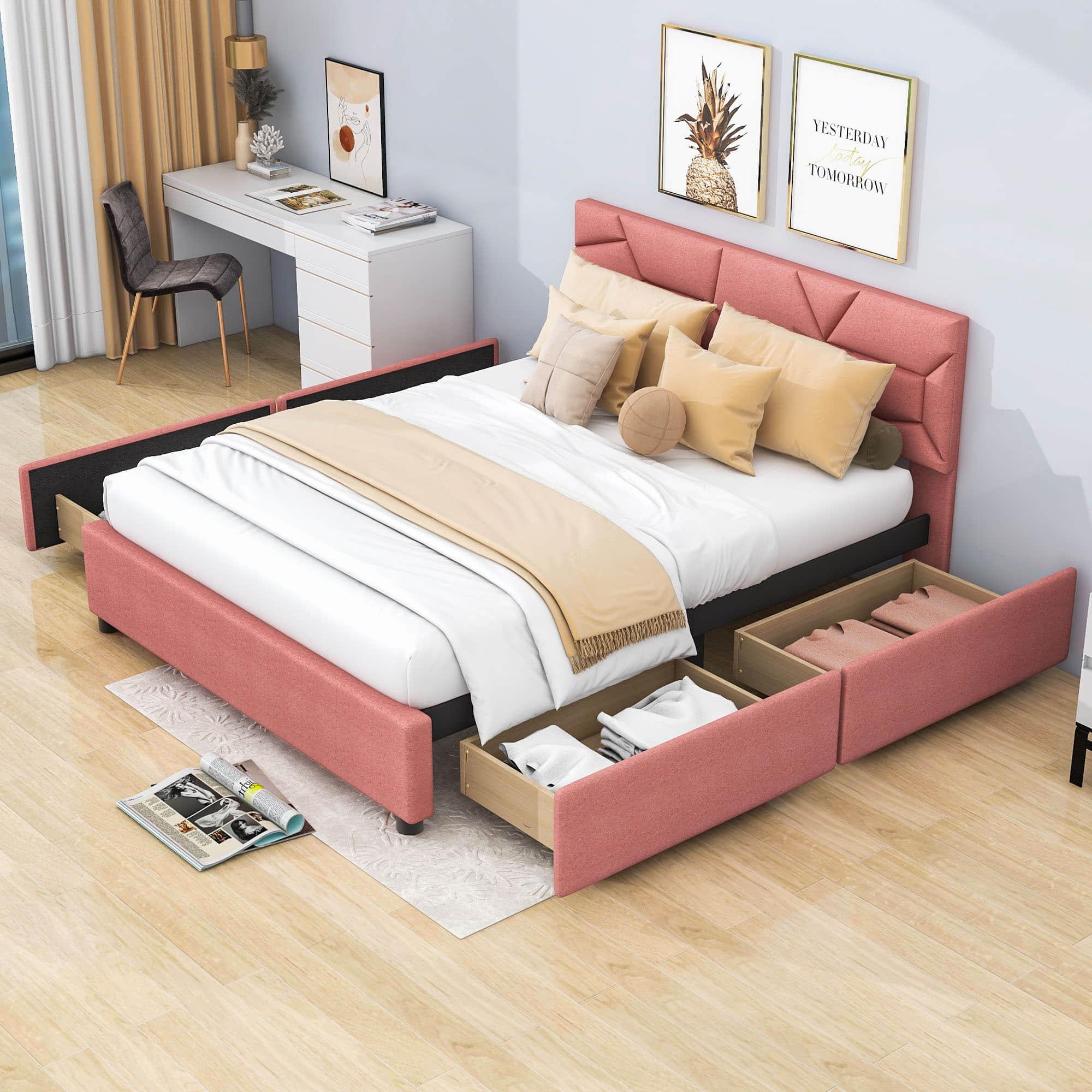 Queen Upholstered Platform Bed Frame with Headboard, Under Bed Storage