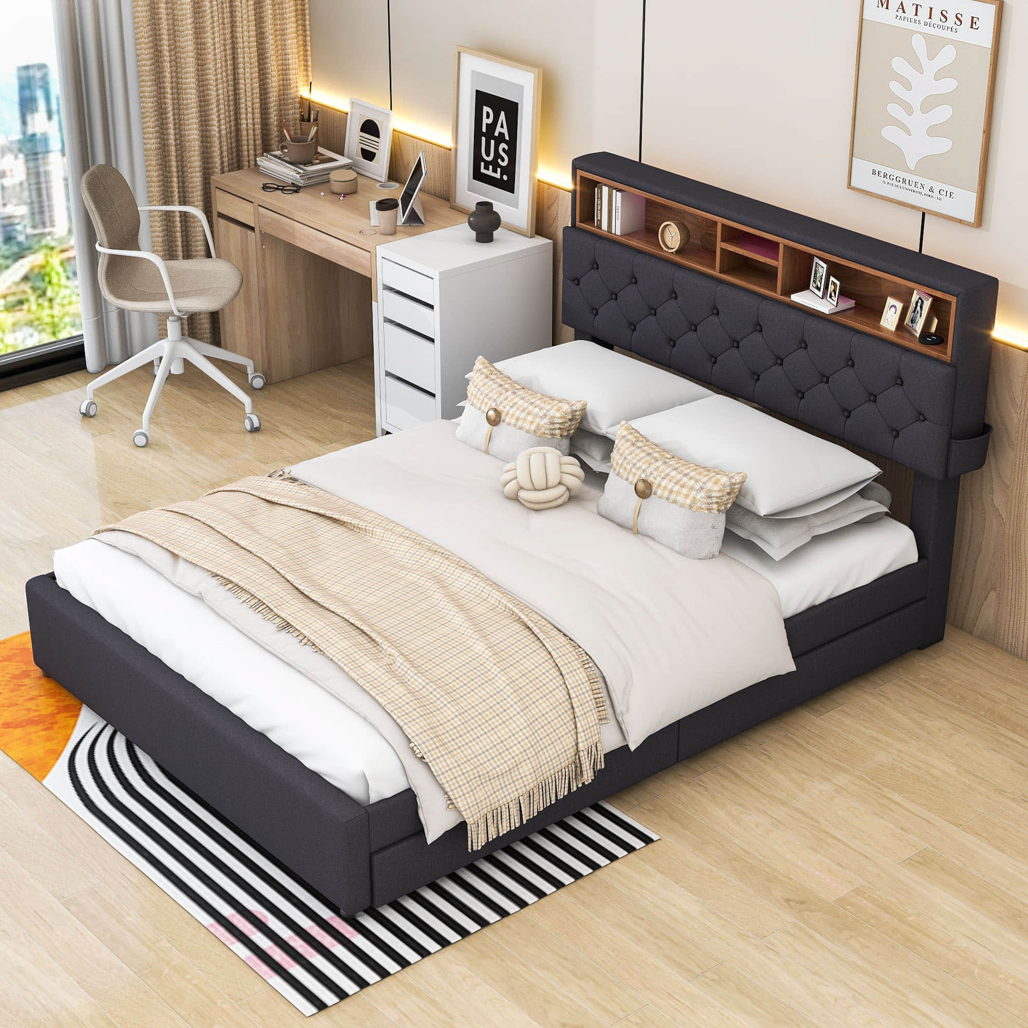 Modern Smart Queen Upholstered Bed Frame with Storage Headboard, LED Lights