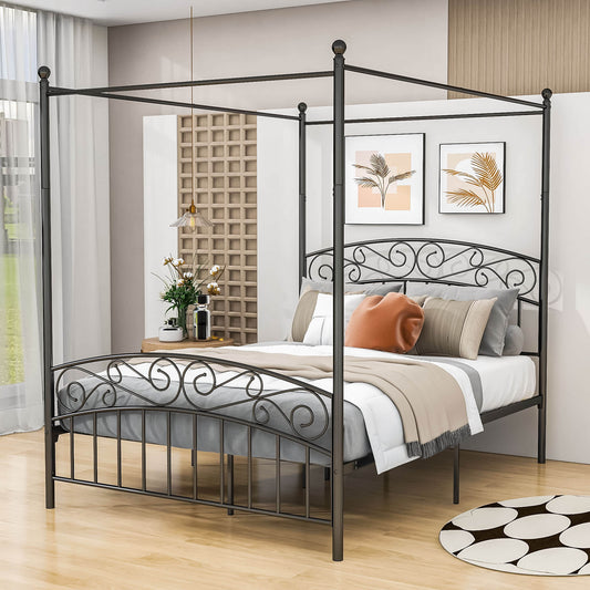 Black Metal Queen Canopy Bed Frame with Vintage Headboard