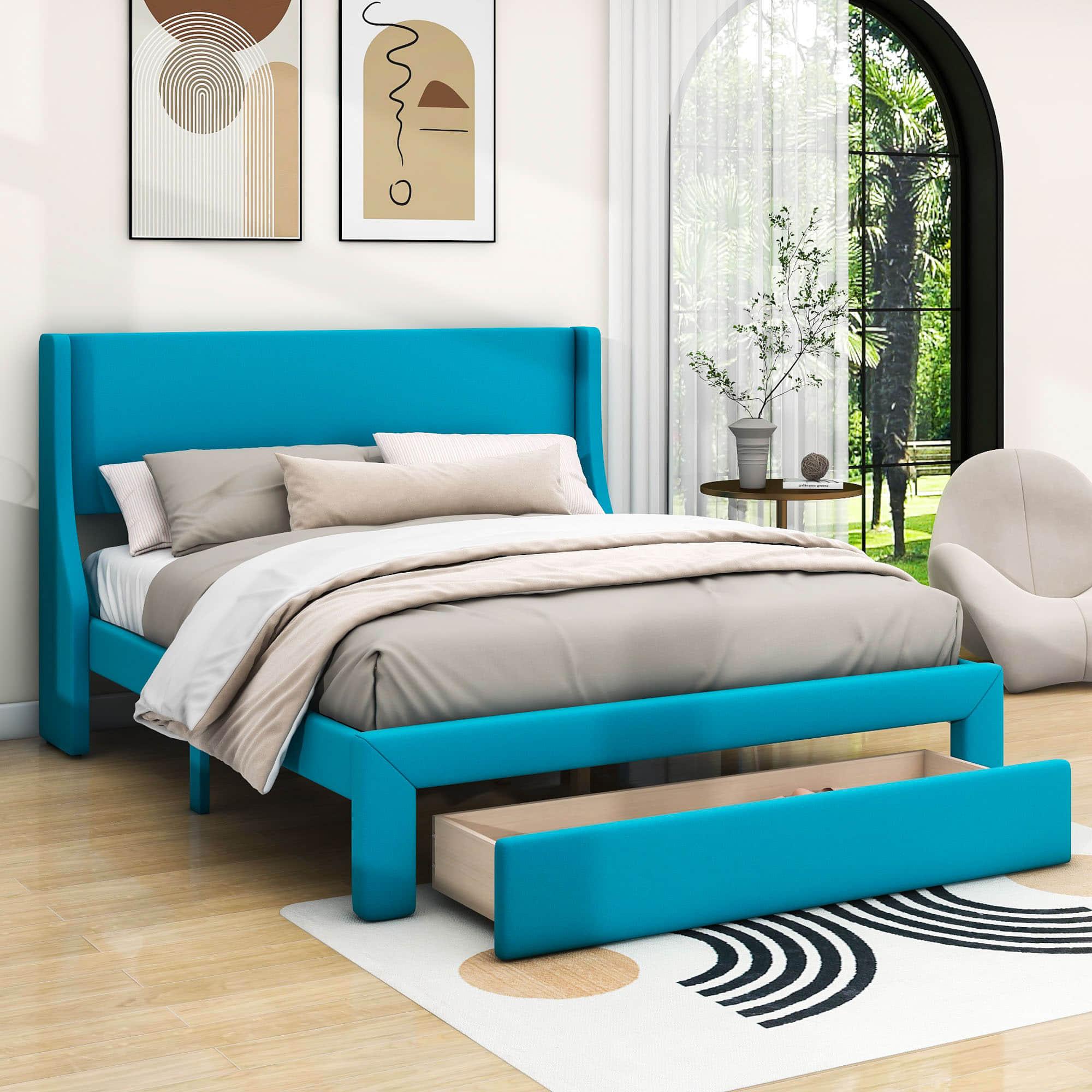 Velvet Upholstered Queen Size Platform Storage Bed with Headboard - [Drawer]