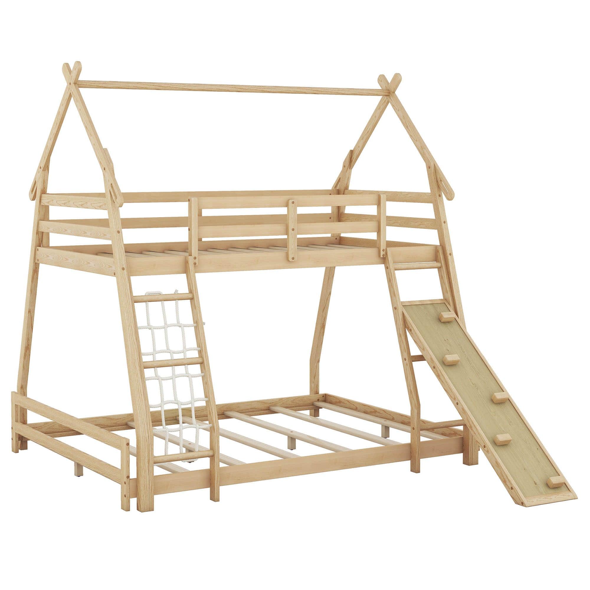 Low Twin Over Queen House Bunk Beds with Climbing Ramp & Nets - [Wooden]