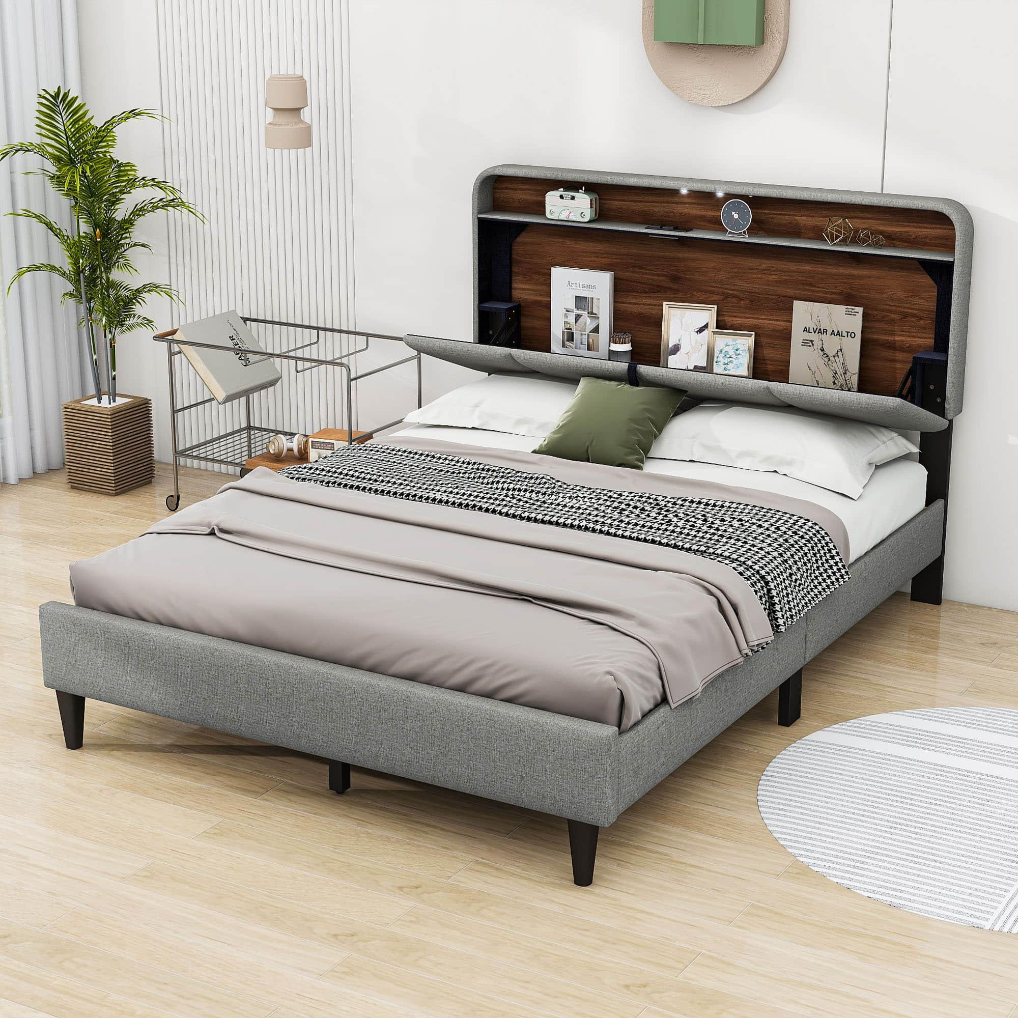 Smart Upholstered Queen Size Platform Bed Frame with Storage Headboard