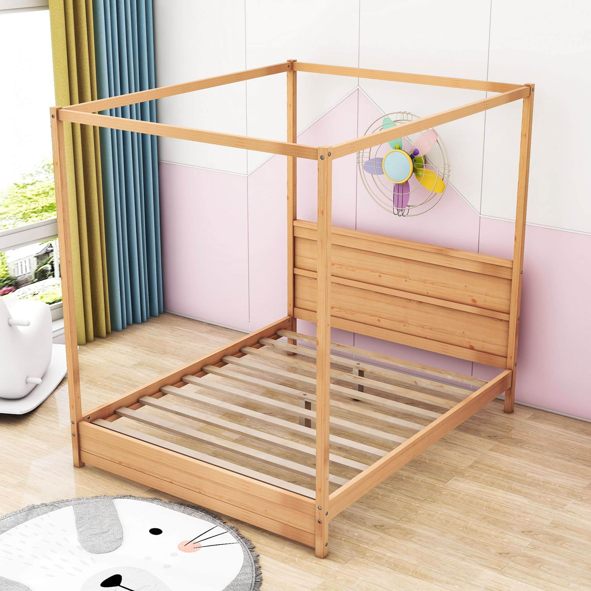 Wooden Modern Low Profile Queen Canopy Bed Frame with Headboard