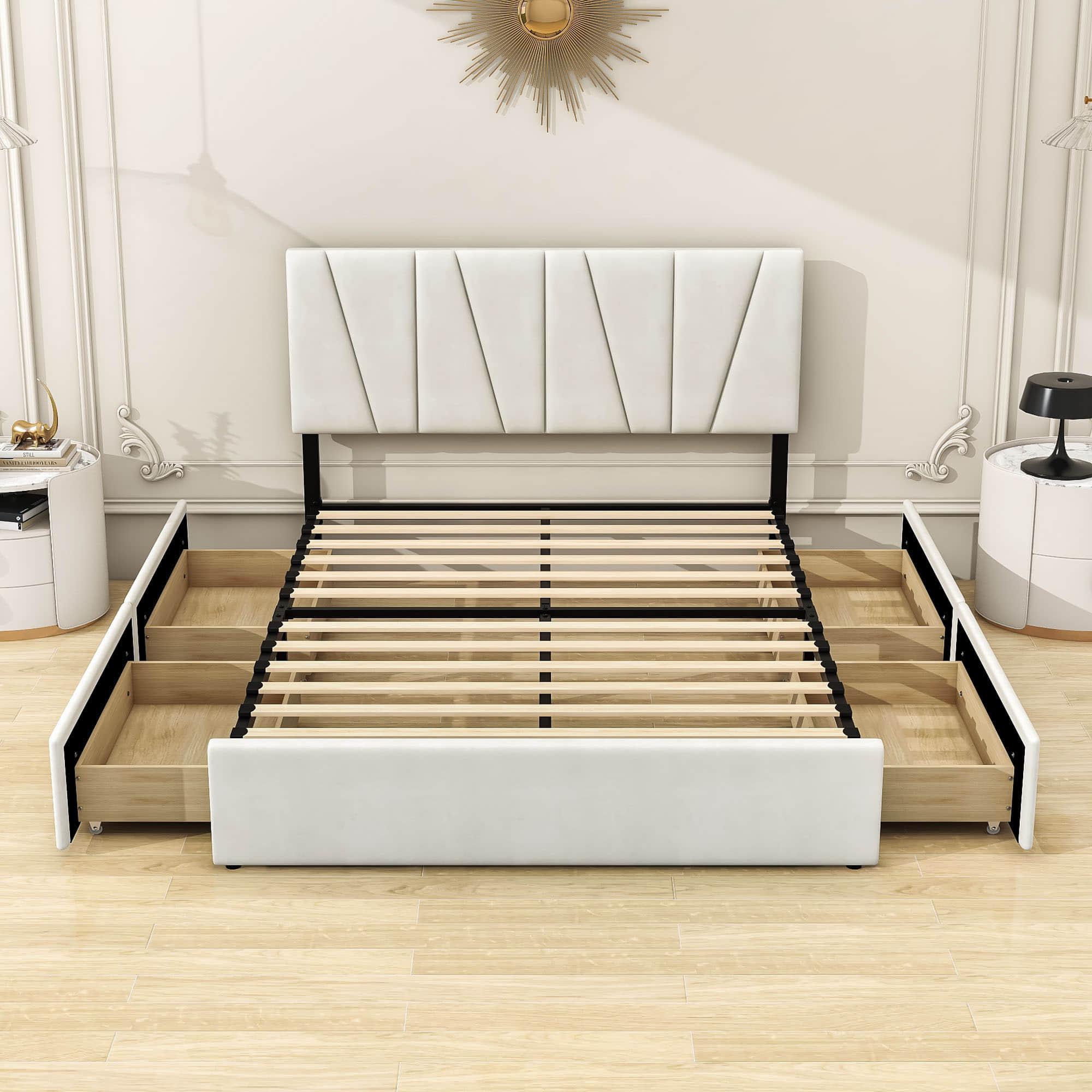 Queen Size Upholstered Platform Bed with Headboard and Storage - [4 Drawers, Velvet]