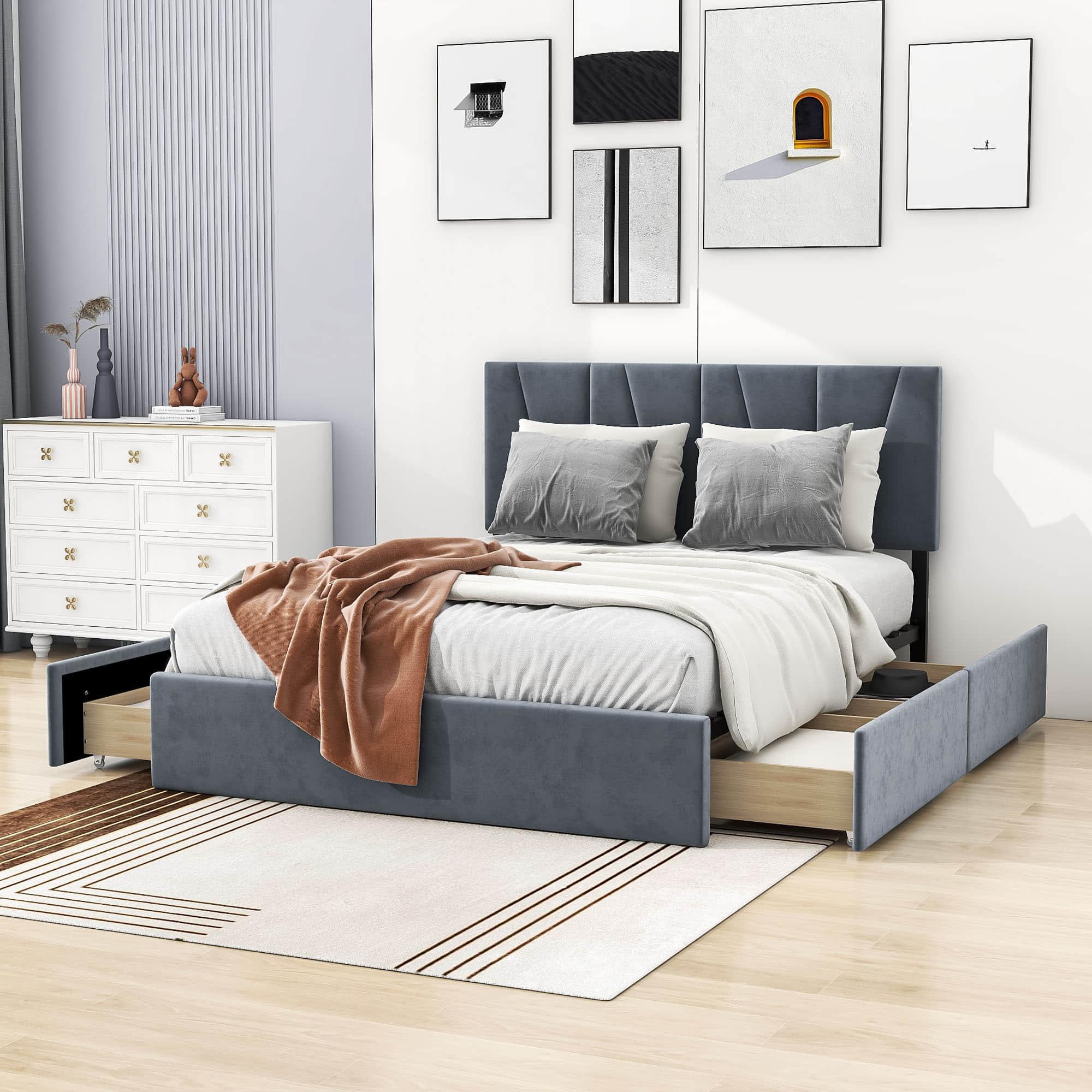 Queen Size Upholstered Platform Bed with Headboard and Storage - [4 Drawers, Velvet]