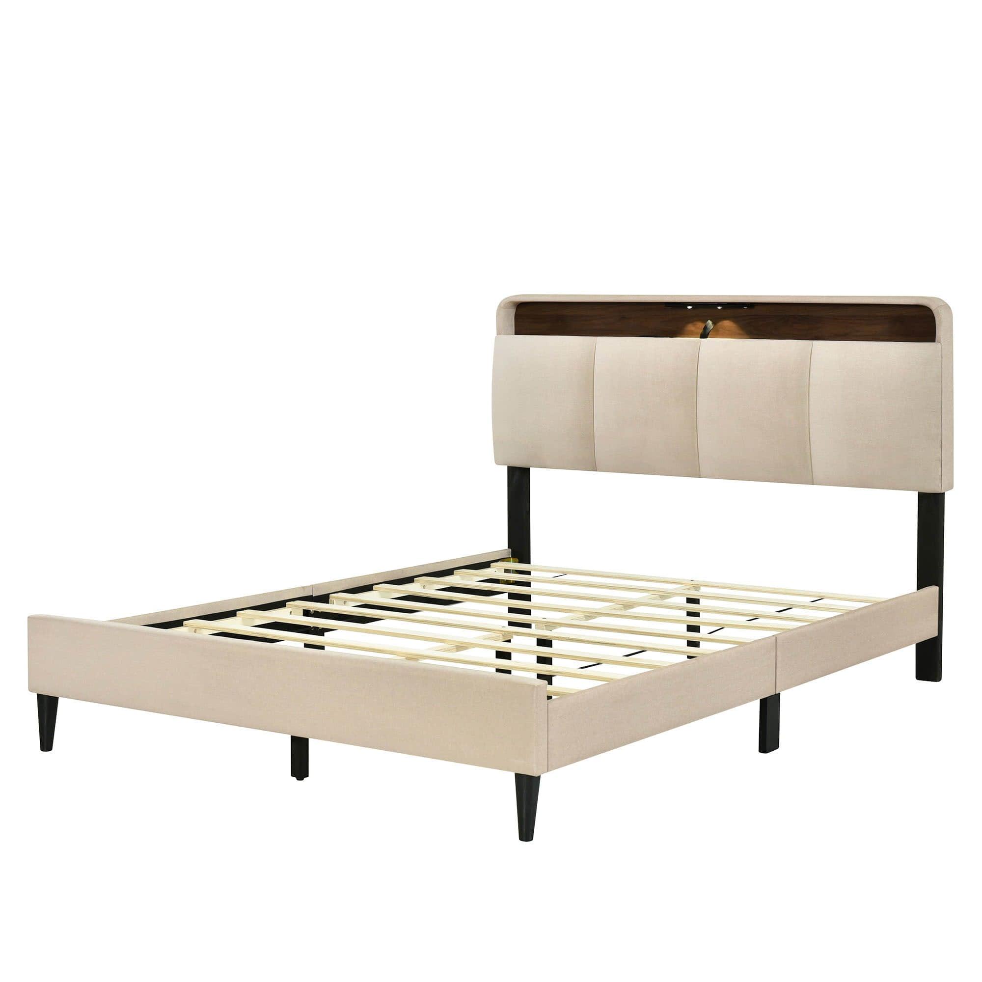 Smart Upholstered Queen Size Platform Bed Frame with Storage Headboard