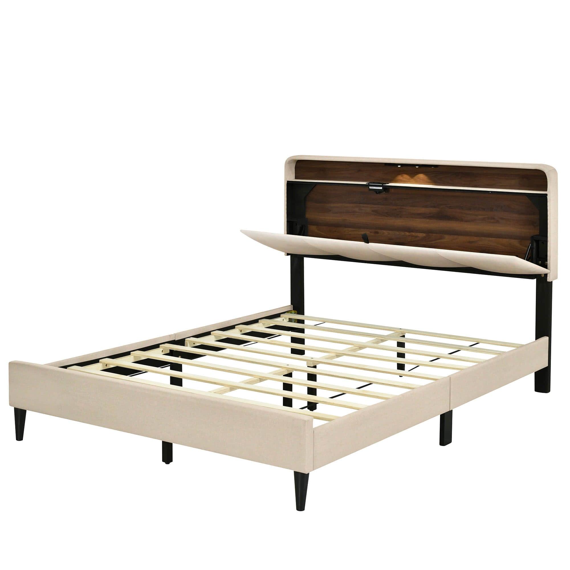 Smart Upholstered Queen Size Platform Bed Frame with Storage Headboard