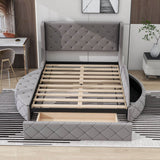 Upholstered Queen Platform Bed Frame with Wingback Headboard and Storage