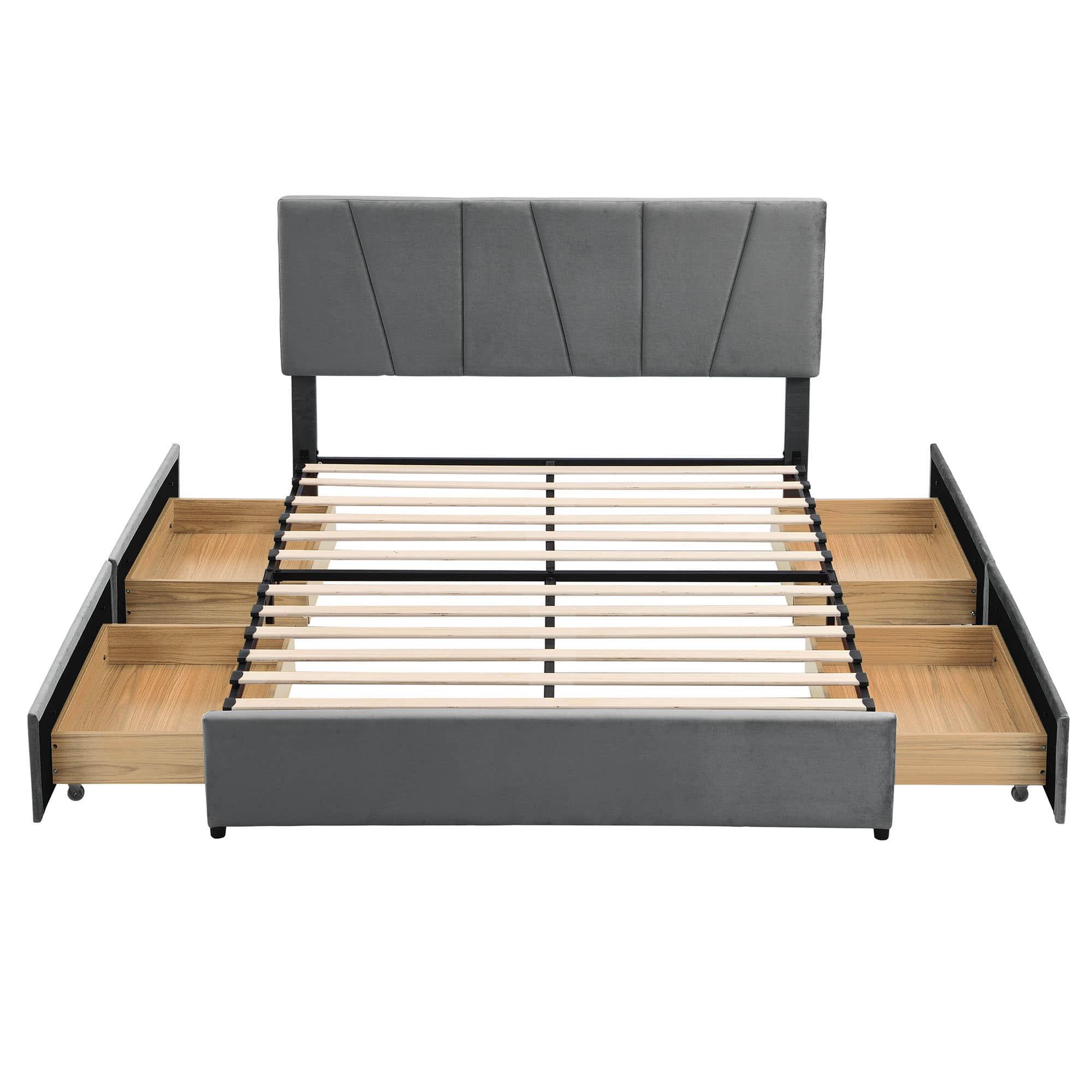 Queen Size Upholstered Platform Bed with Headboard and Storage - [4 Drawers, Velvet]