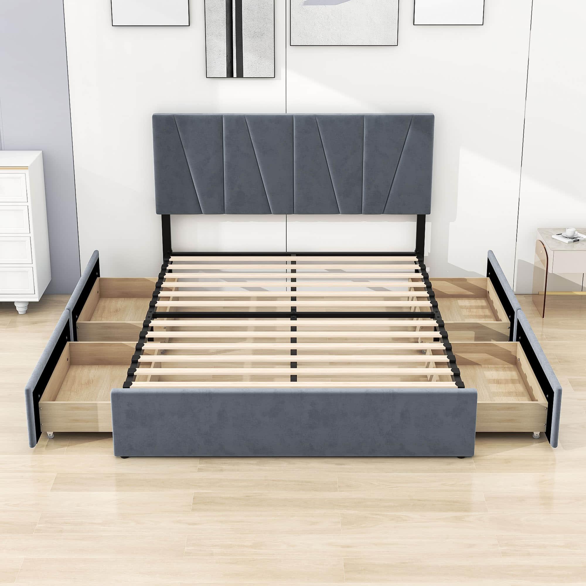 Queen Size Upholstered Platform Bed with Headboard and Storage - [4 Drawers, Velvet]