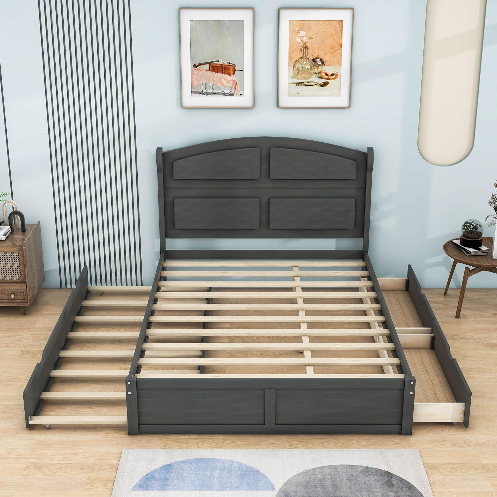 Wooden Queen Size Platform Bed with Twin Trundle Bed and Storage - [Headboard]