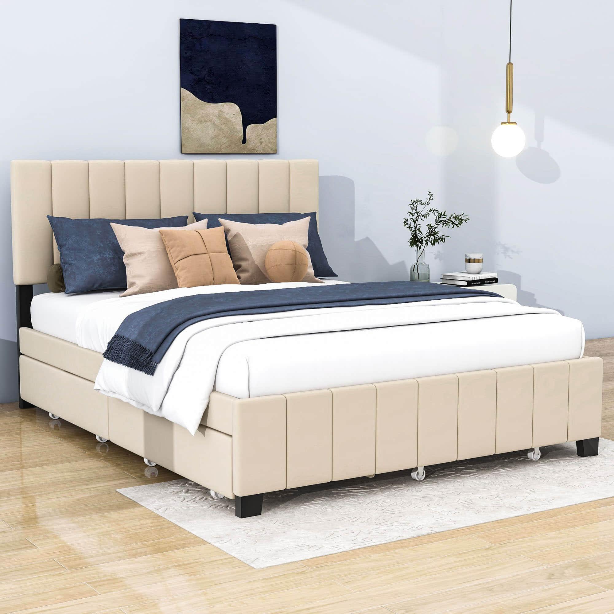 Velvet Upholstered Queen Size Platform Bed with Storage and Trundle