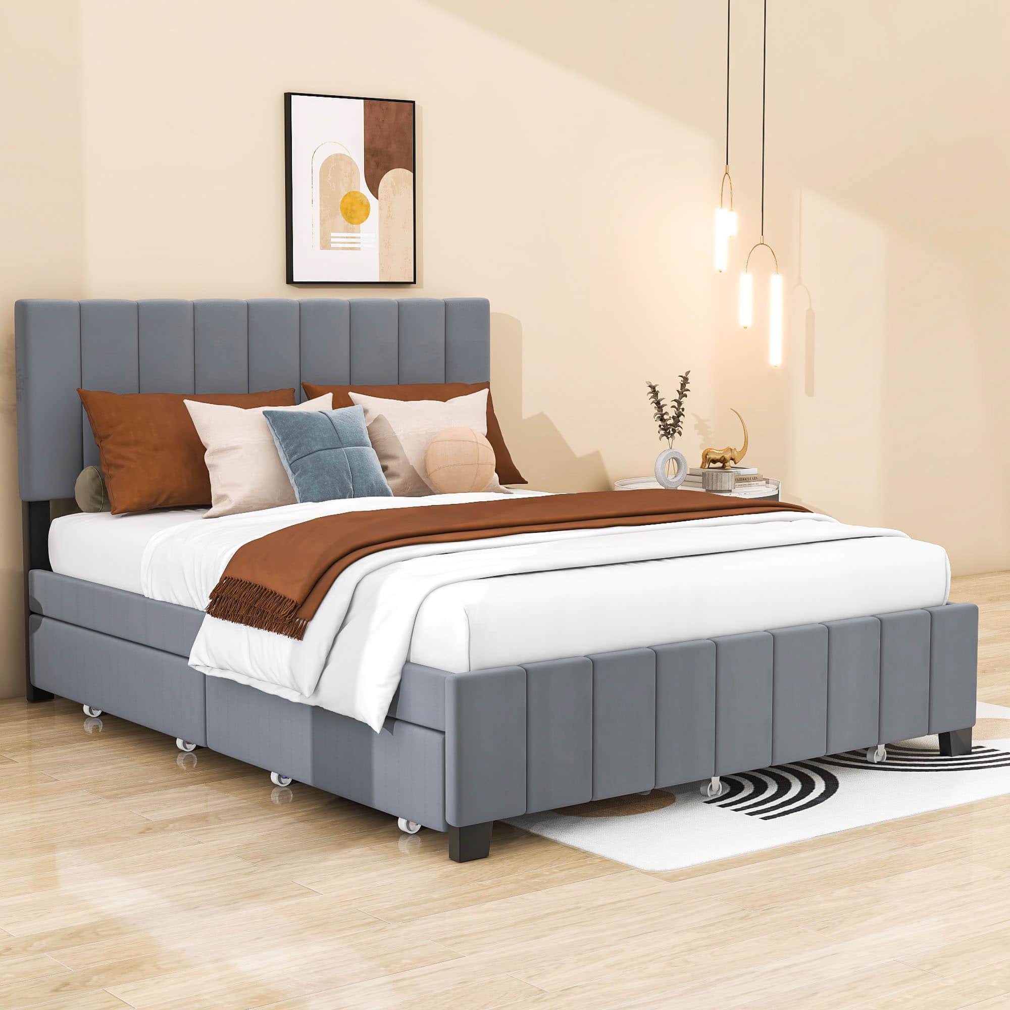 Velvet Upholstered Queen Size Platform Bed with Storage and Trundle