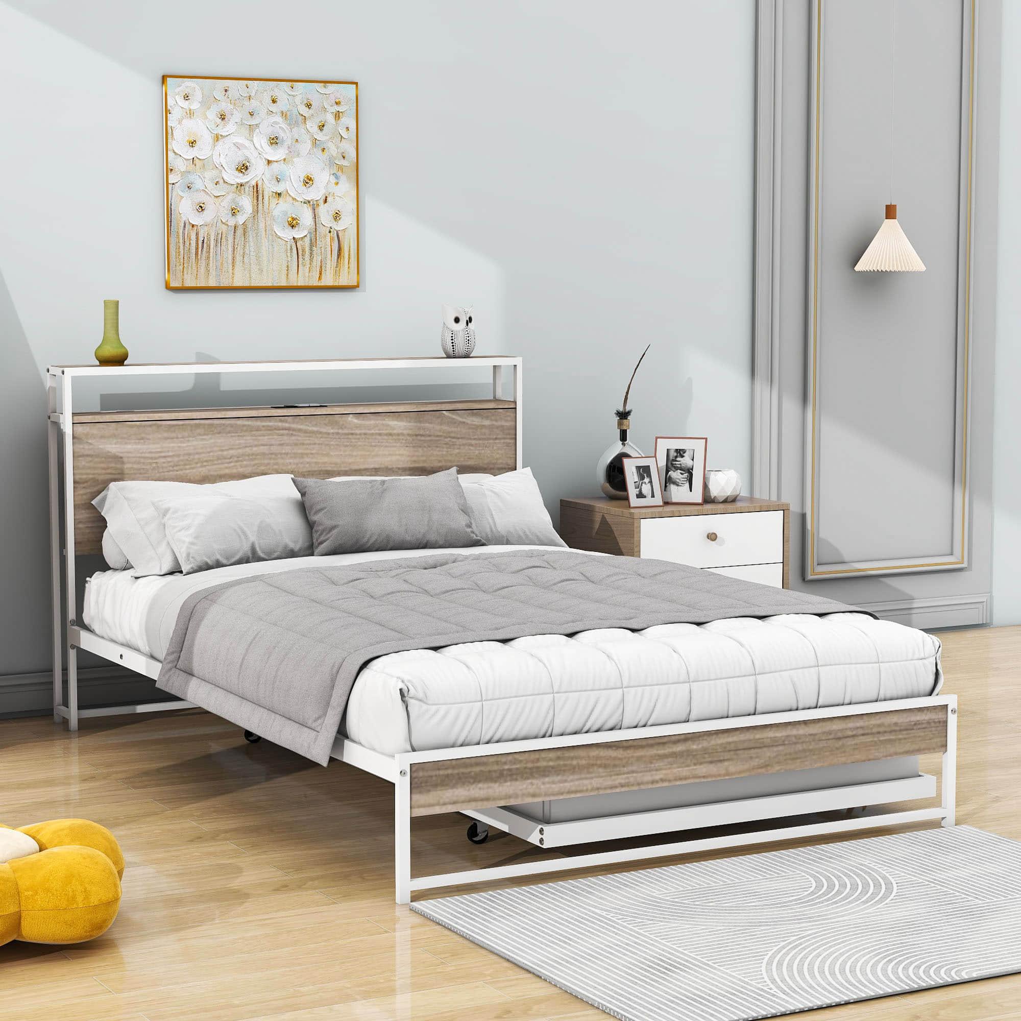 Full Size Smart Platform Bed with Twin Trundle Bed and Shelf Headboard