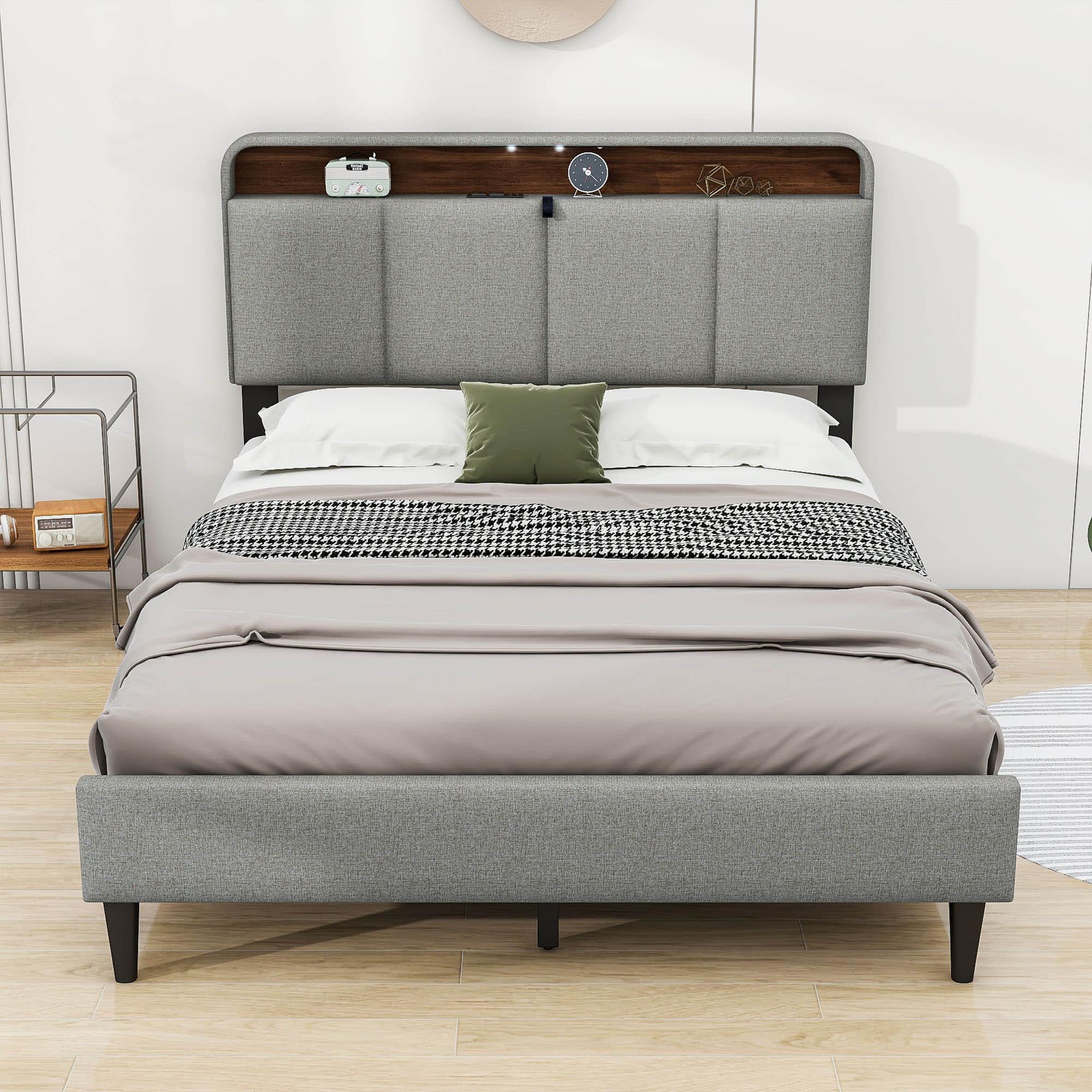 Smart Upholstered Queen Size Platform Bed Frame with Storage Headboard