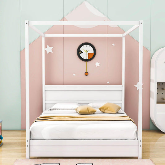 Wooden Modern Low Profile Queen Canopy Bed Frame with Headboard