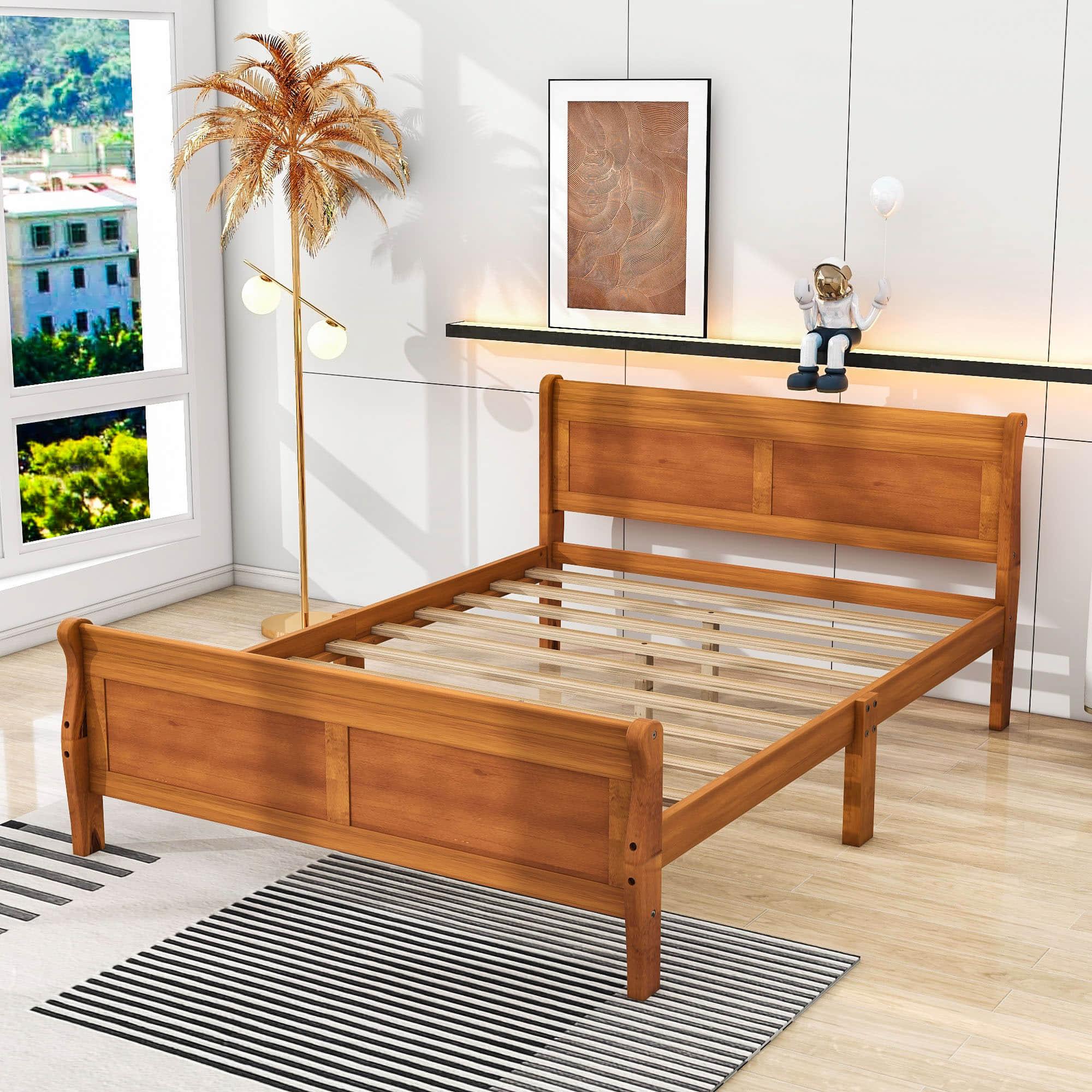 Wooden Queen Size Sleigh Bed with Headboard and Footboard