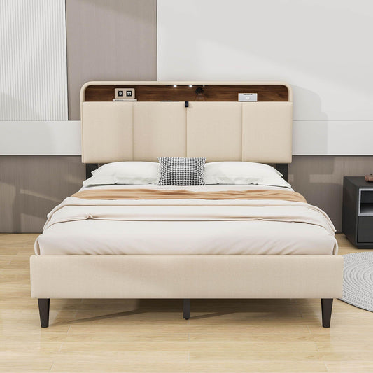 Smart Upholstered Queen Size Platform Bed Frame with Storage Headboard