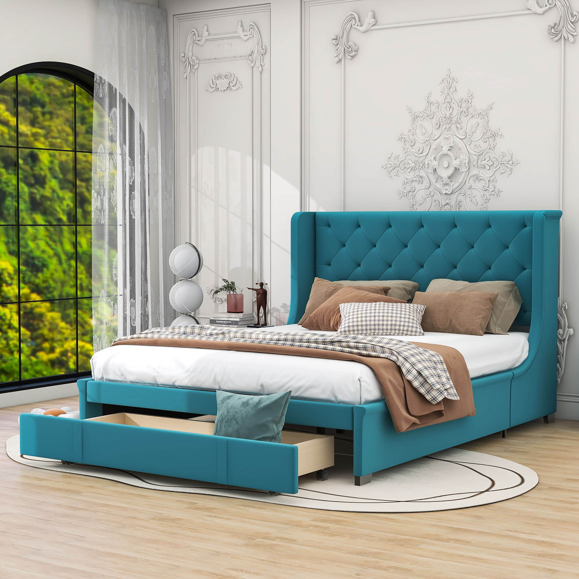 Queen Upholstered Bed Frame with Wingback Headboard and Storage