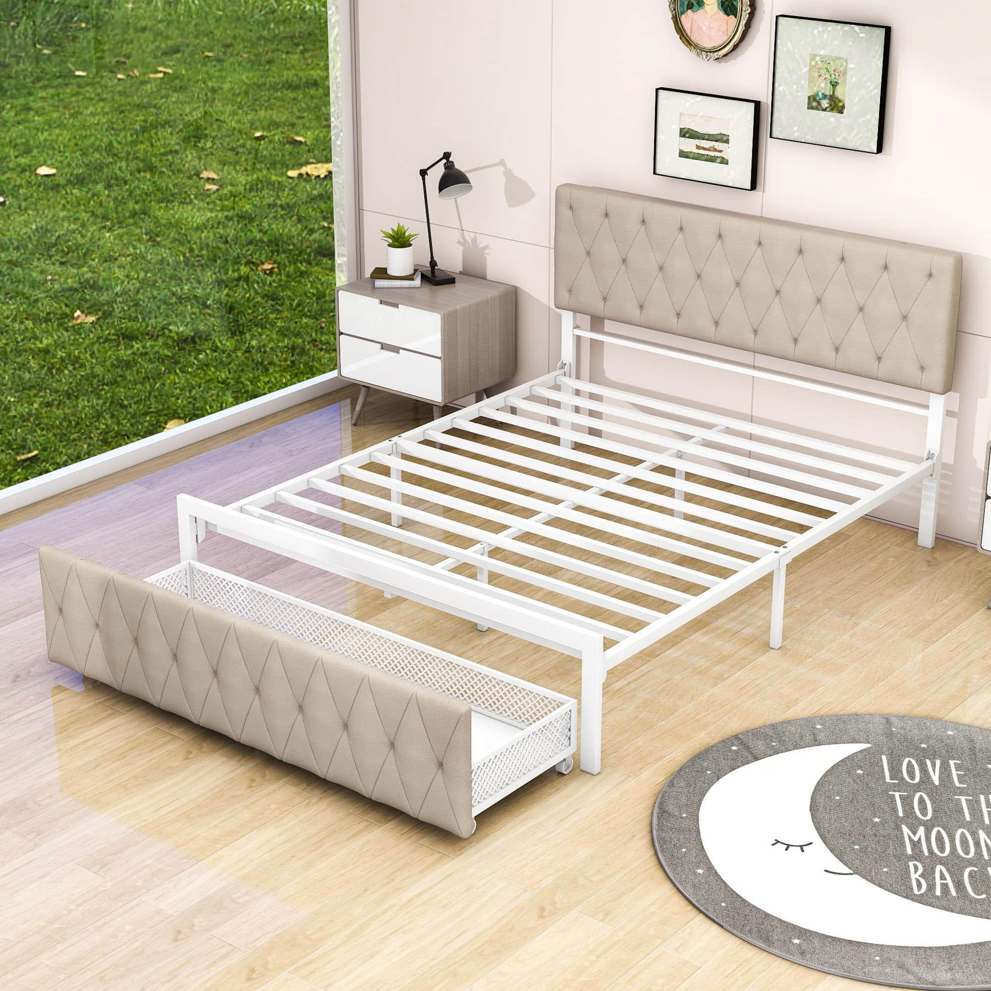 Metal Queen Size Upholstered Storage Bed with Headboard and Drawers