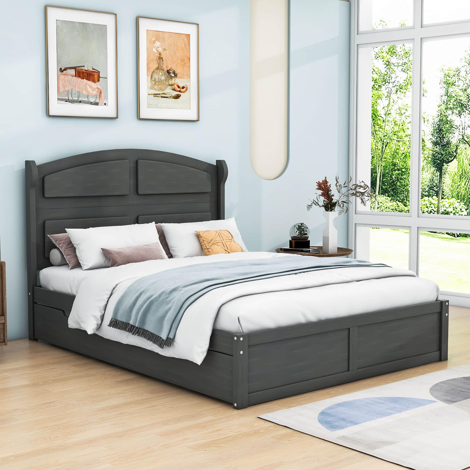 Wooden Queen Size Platform Bed with Twin Trundle Bed and Storage - [Headboard]