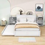 Queen Platform Bed Frame with Pull Out Shelves and Twin XL Trundle