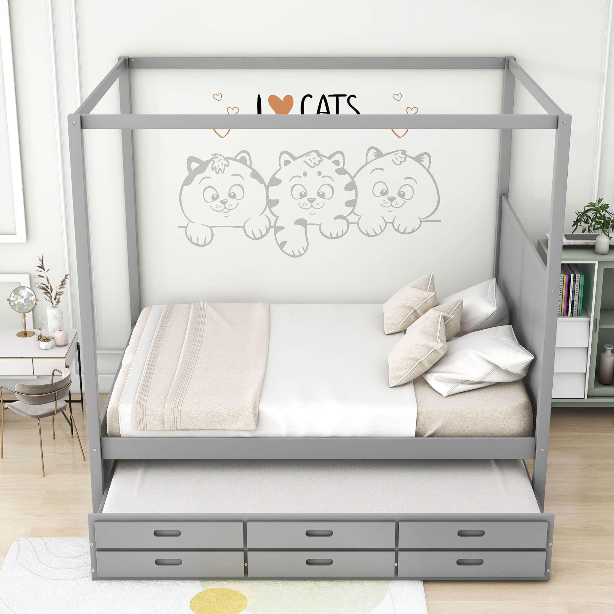 Queen Size Captain's Canopy Bed with Twin Trundle Bed and Storage - [Wooden, Drawers]