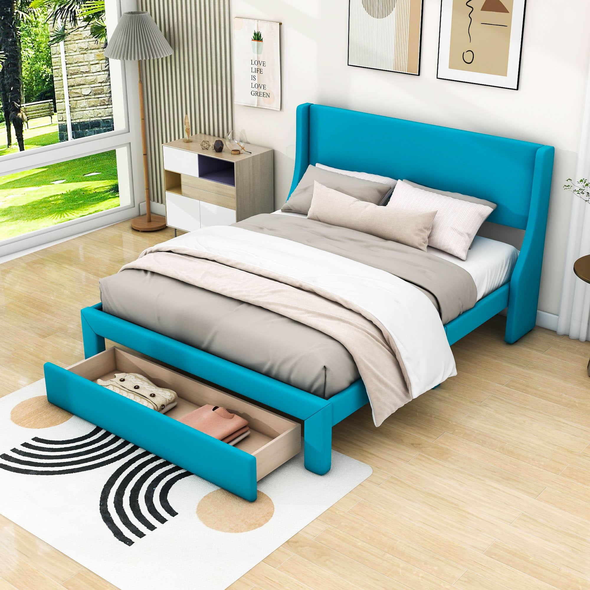 Velvet Upholstered Queen Size Platform Storage Bed with Headboard - [Drawer]