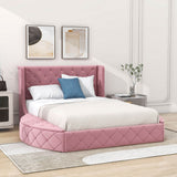 Upholstered Queen Platform Bed Frame with Wingback Headboard and Storage