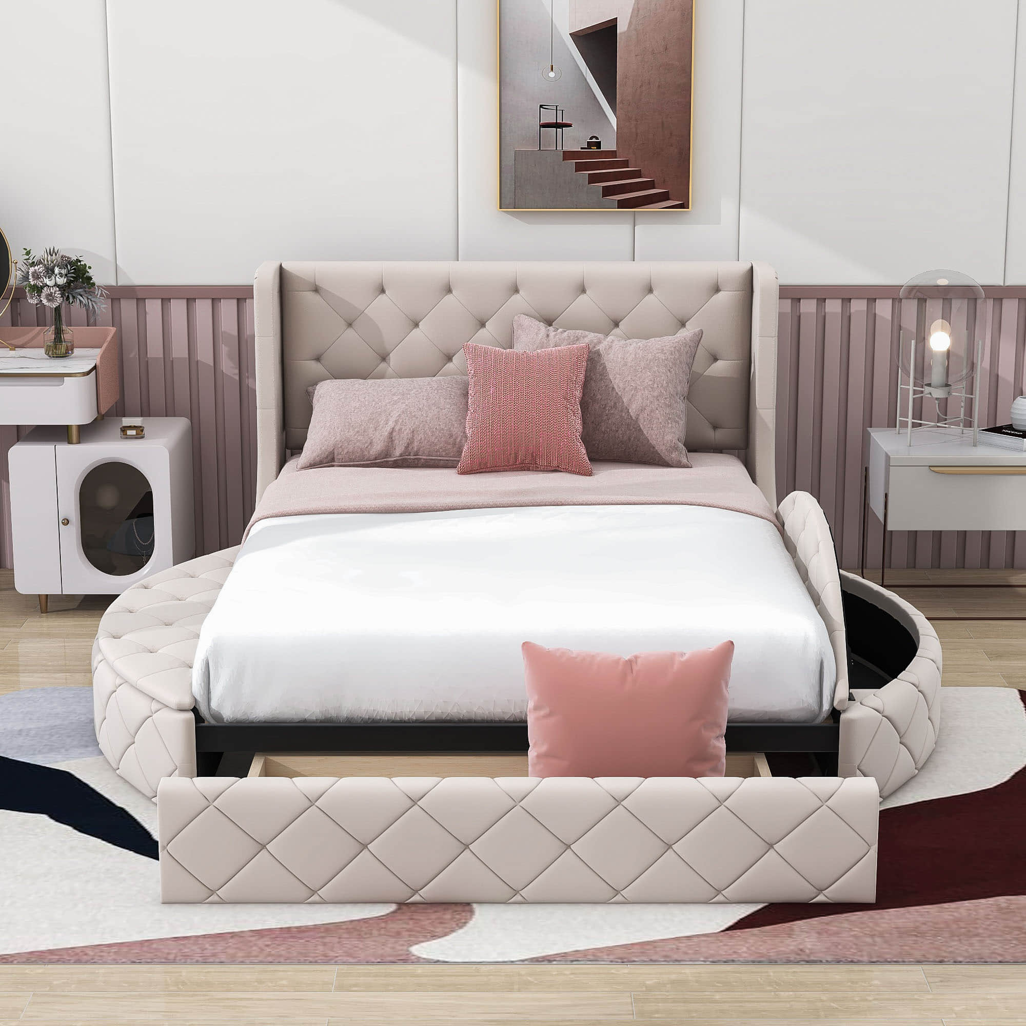 Upholstered Queen Platform Bed Frame with Wingback Headboard and Storage