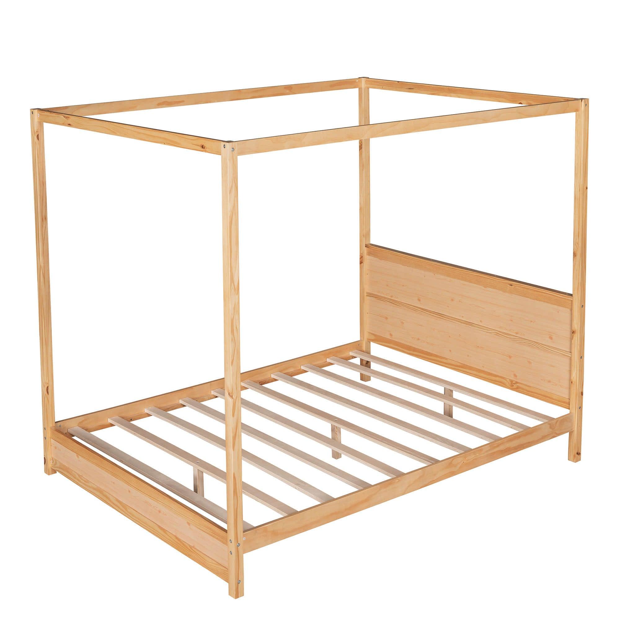 Wooden Modern Low Profile Queen Canopy Bed Frame with Headboard