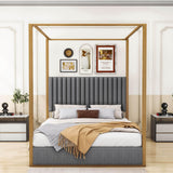 Low Queen Size Upholstered Canopy Bed Frame with Headboard