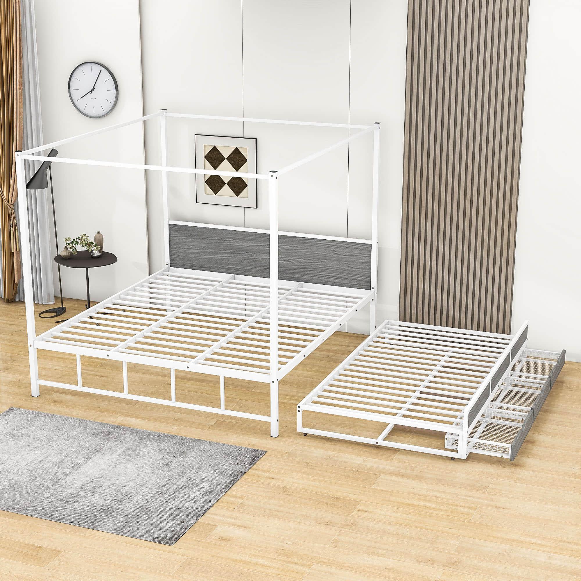 Metal Queen Canopy Bed Frame with Headboard and Storage, Trundle Bed