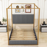 Low Queen Size Upholstered Canopy Bed Frame with Headboard