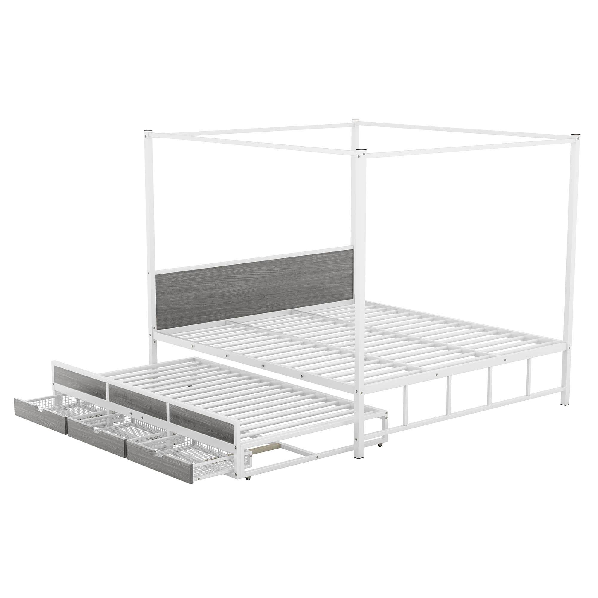 Metal Queen Canopy Bed Frame with Headboard and Storage, Trundle Bed