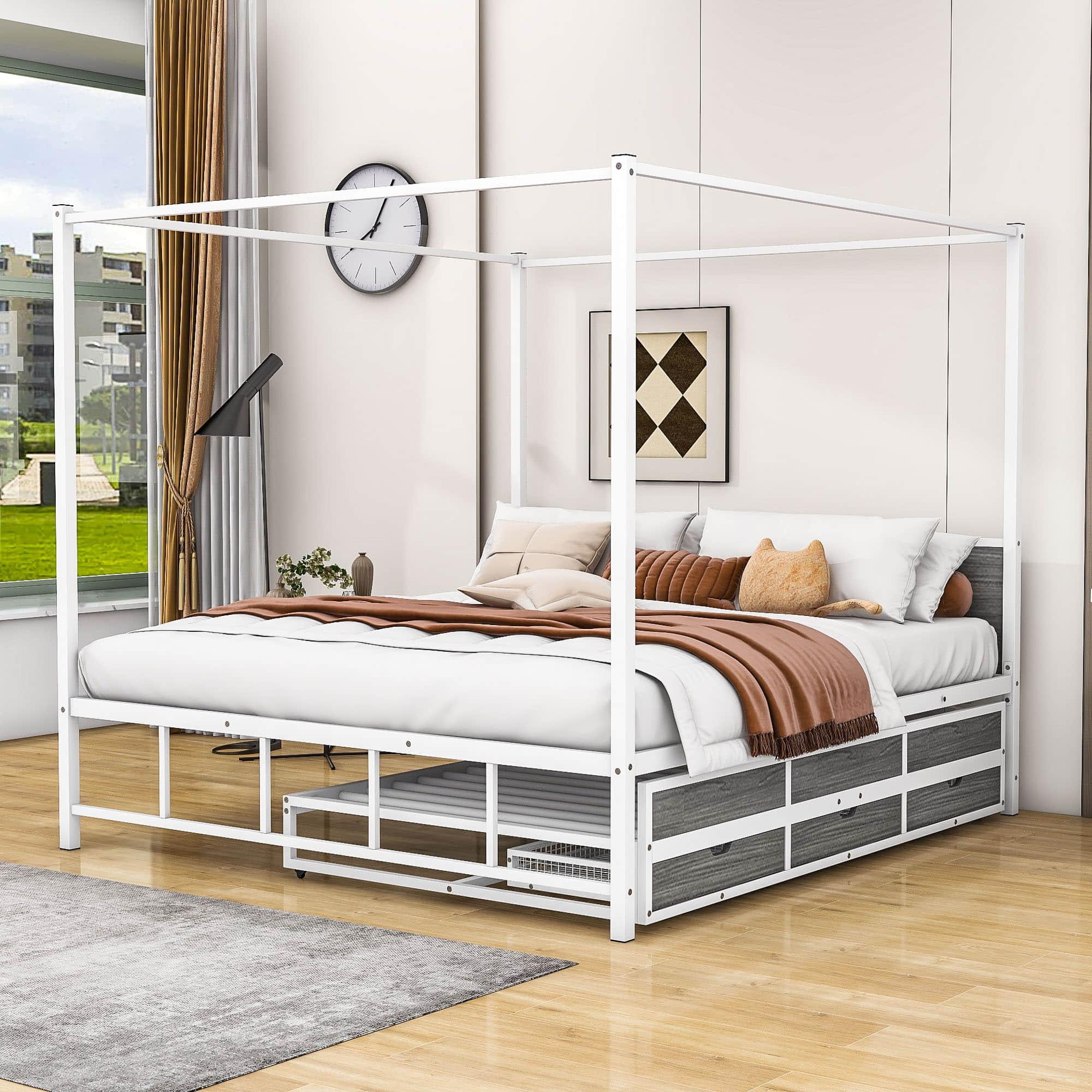 Metal Queen Canopy Bed Frame with Headboard and Storage, Trundle Bed