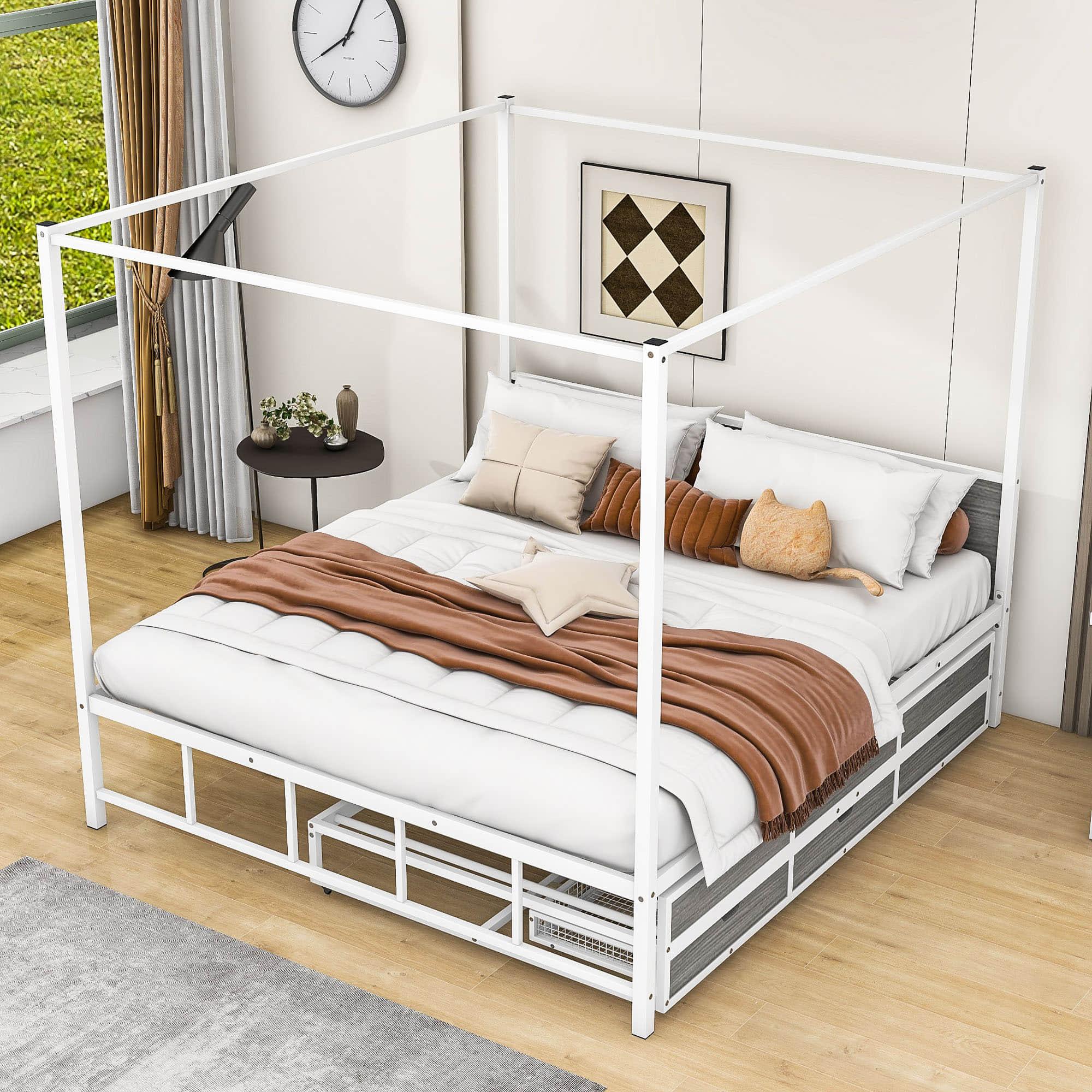 Metal Queen Canopy Bed Frame with Headboard and Storage, Trundle Bed