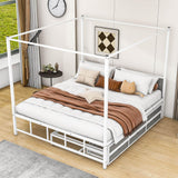 Metal Queen Canopy Bed Frame with Headboard and Storage, Trundle Bed