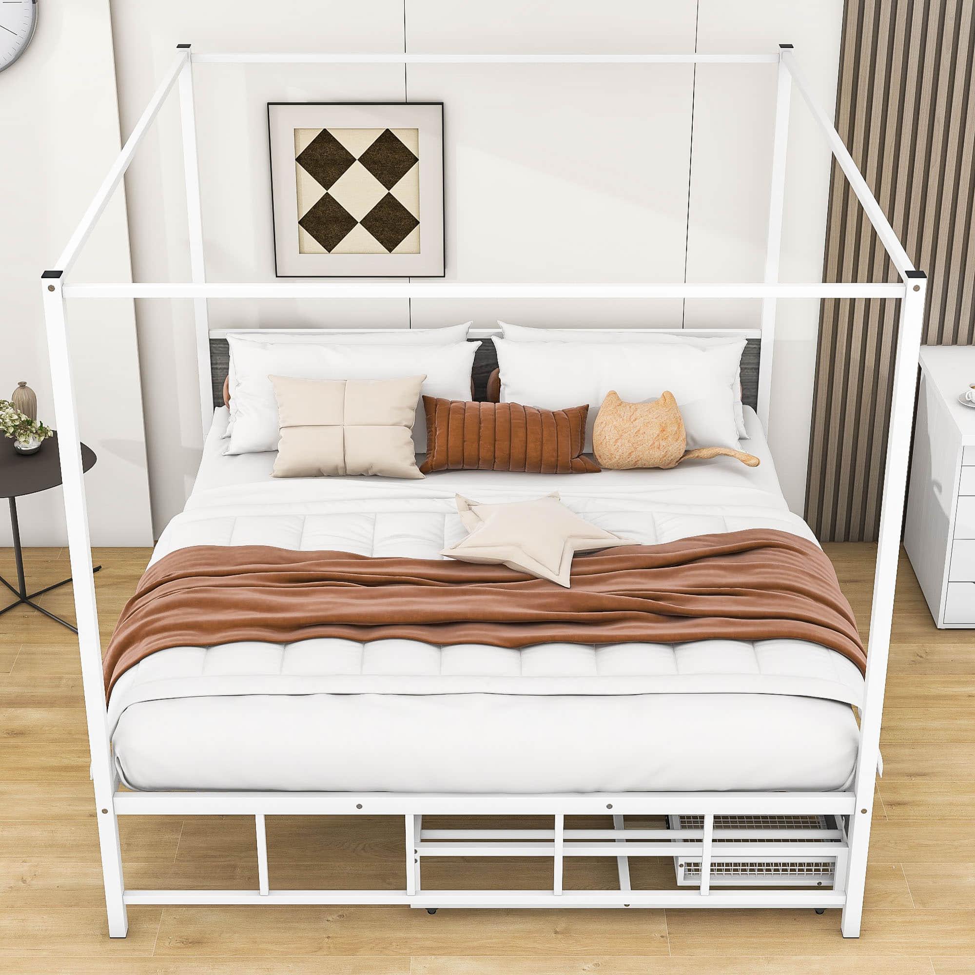 Metal Queen Canopy Bed Frame with Headboard and Storage, Trundle Bed