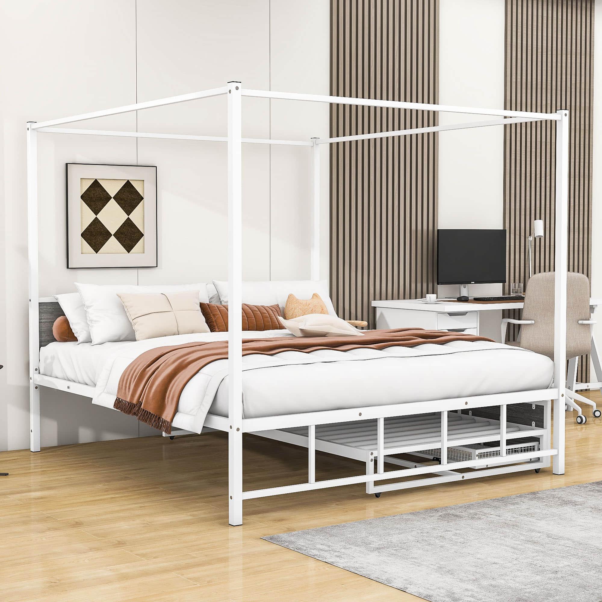 Metal Queen Canopy Bed Frame with Headboard and Storage, Trundle Bed